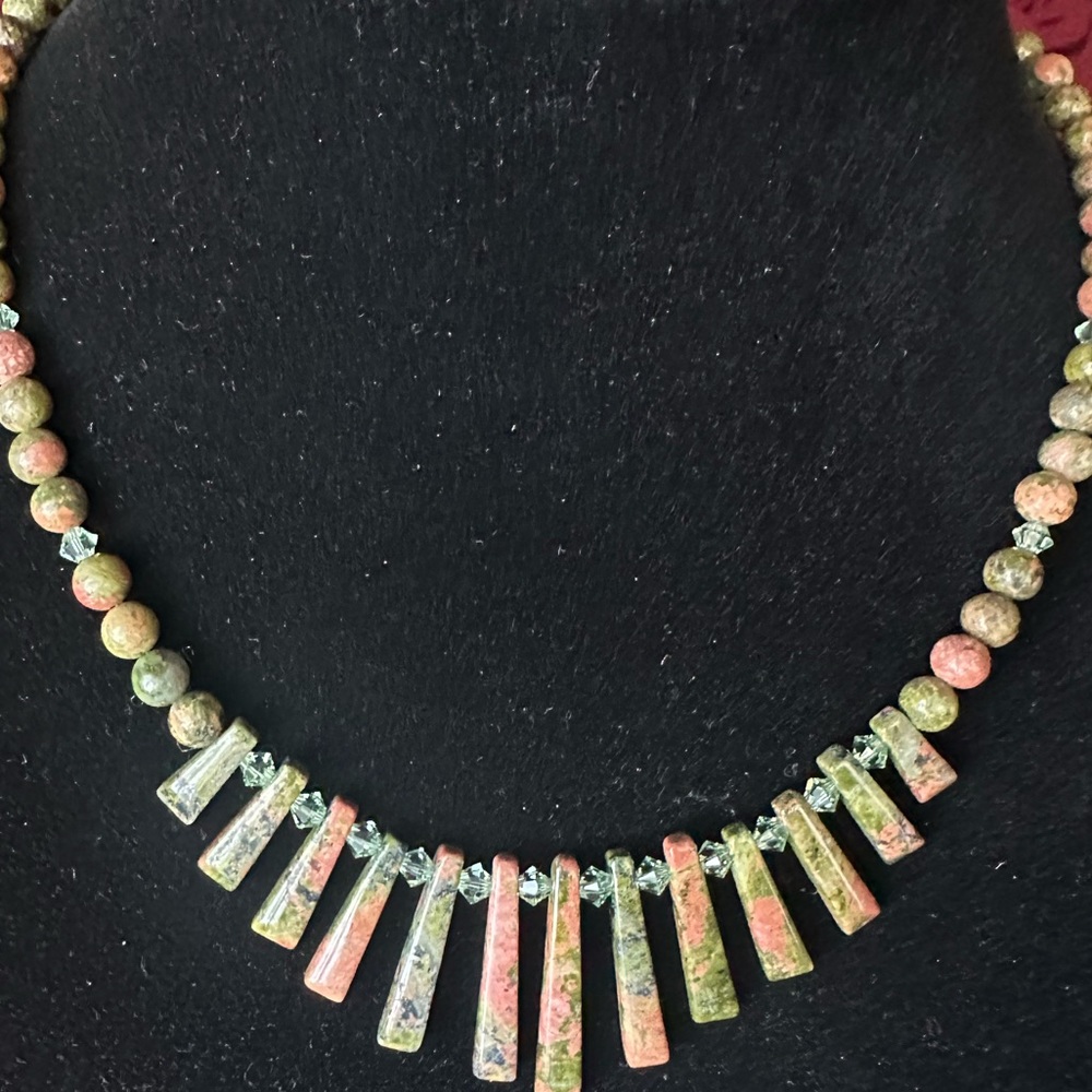 Unakite stone and swarvoski crystal necklace